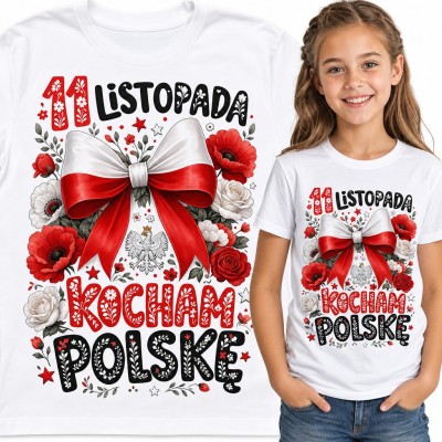 Koszulka dziewczęca „11 listopada kocham Polskę” - kokarda narodowa, orzeł i maki