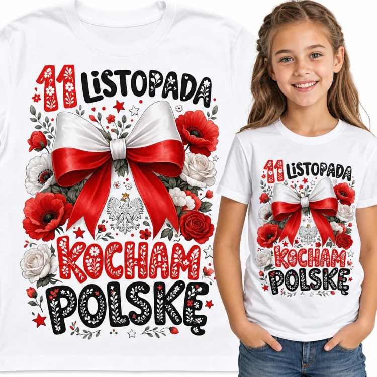 Koszulka dziewczęca „11 listopada kocham Polskę” - kokarda narodowa, orzeł i maki