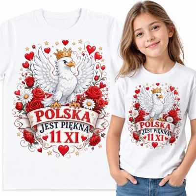 Koszulka dziewczęca „Polska jest piękna 11 XI” - biały orzeł w koronie wśród róż
