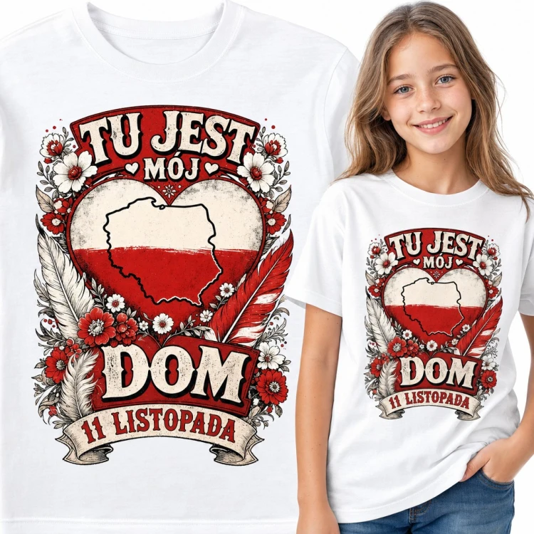 Koszulka dziewczęca „Tu jest mój dom” - serce z mapą Polski na 11 Listopada