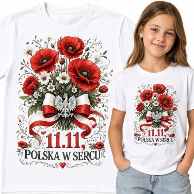 Koszulka dziewczęca „11.11, Polska w sercu” - maki z biało-czerwoną kokardą i orłem