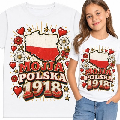 Koszulka dziewczęca „Mojja Polska 1918” - biało-czerwona mapa w sercach i kwiatach