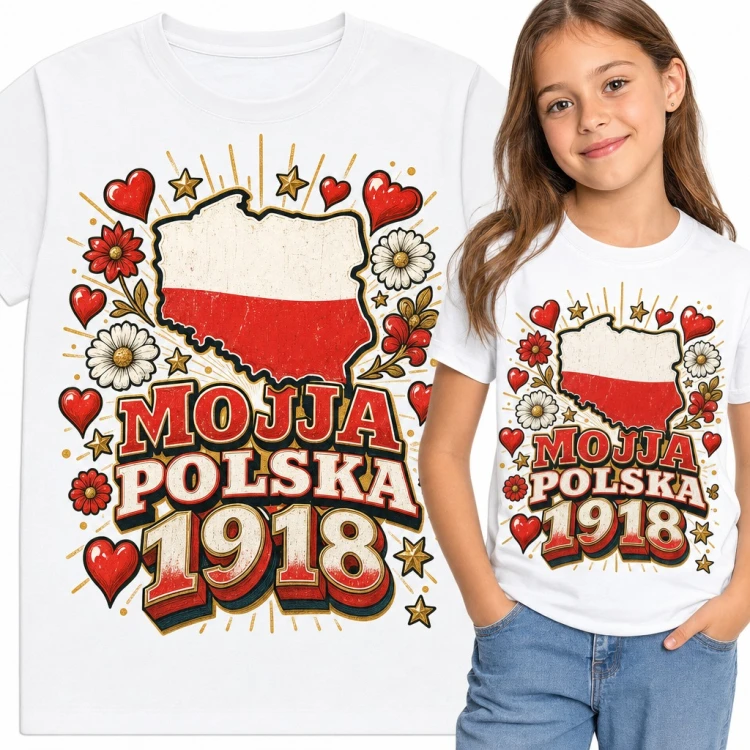 Koszulka dziewczęca „Mojja Polska 1918” - biało-czerwona mapa w sercach i kwiatach
