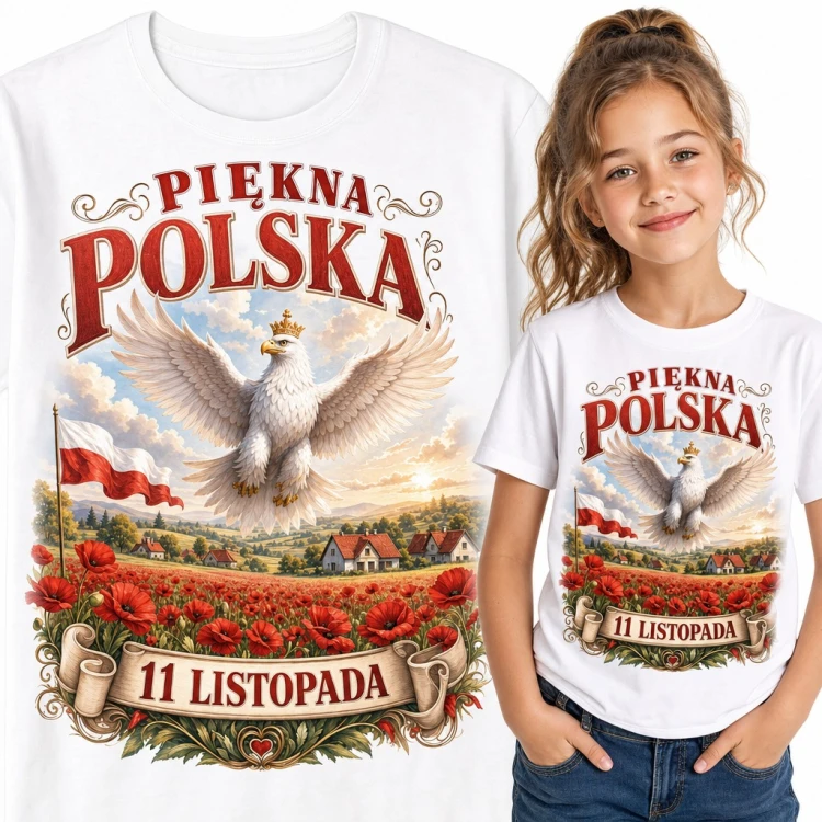 Koszulka dziewczęca „Piękna Polska” - orzeł w koronie i maki na 11 listopada