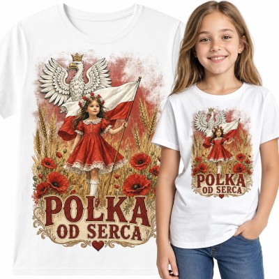 Koszulka dziewczęca „Polka od serca” - dziewczynka z flagą, orzeł i maki