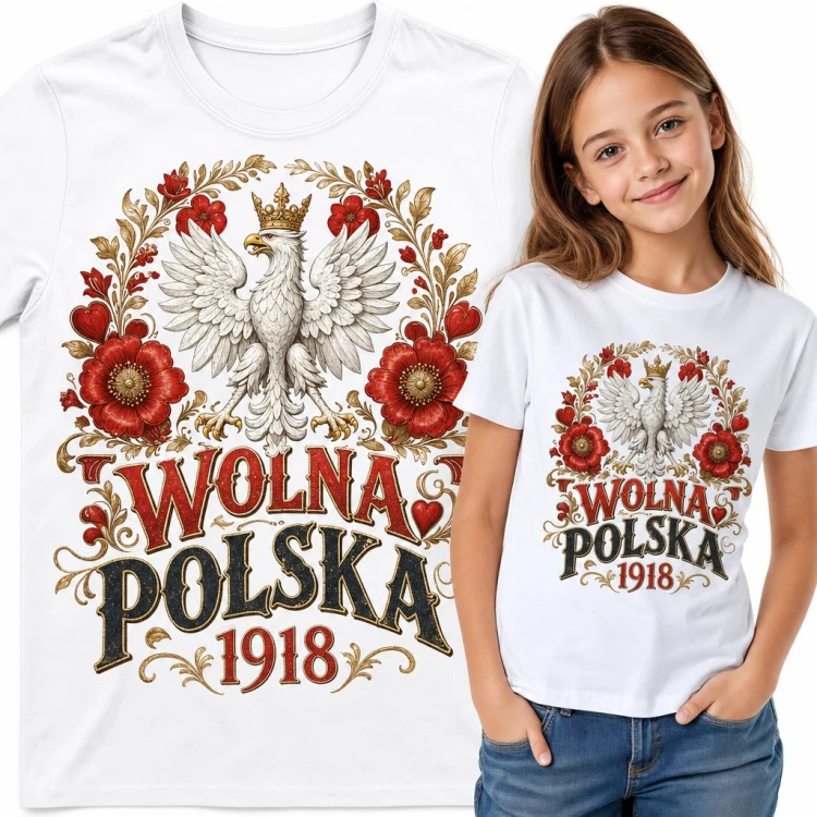 Koszulka dziewczęca „Wolna Polska 1918” - orzeł w koronie z ludowymi kwiatami