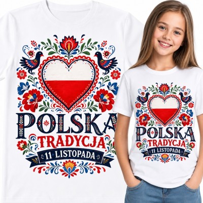 Koszulka dziewczęca „Polska tradycja 11 listopada” - ludowe serce biało-czerwone