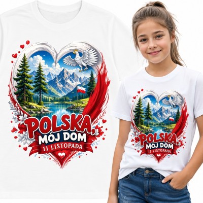 Koszulka dziewczęca „Polska, mój dom” - serce z orłem, Tatrami i napisem 11 listopada