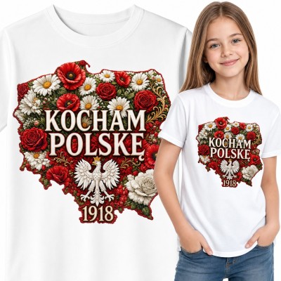Koszulka dziewczęca „Kocham Polskę” - mapa w makach i różach z orłem 1918