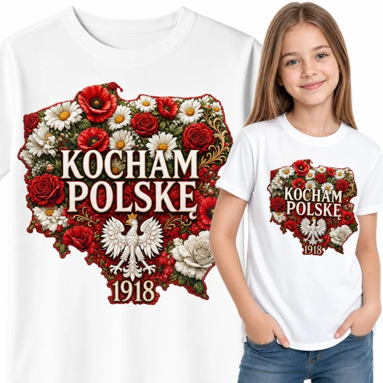 Koszulka dziewczęca „Kocham Polskę” - mapa w makach i różach z orłem 1918
