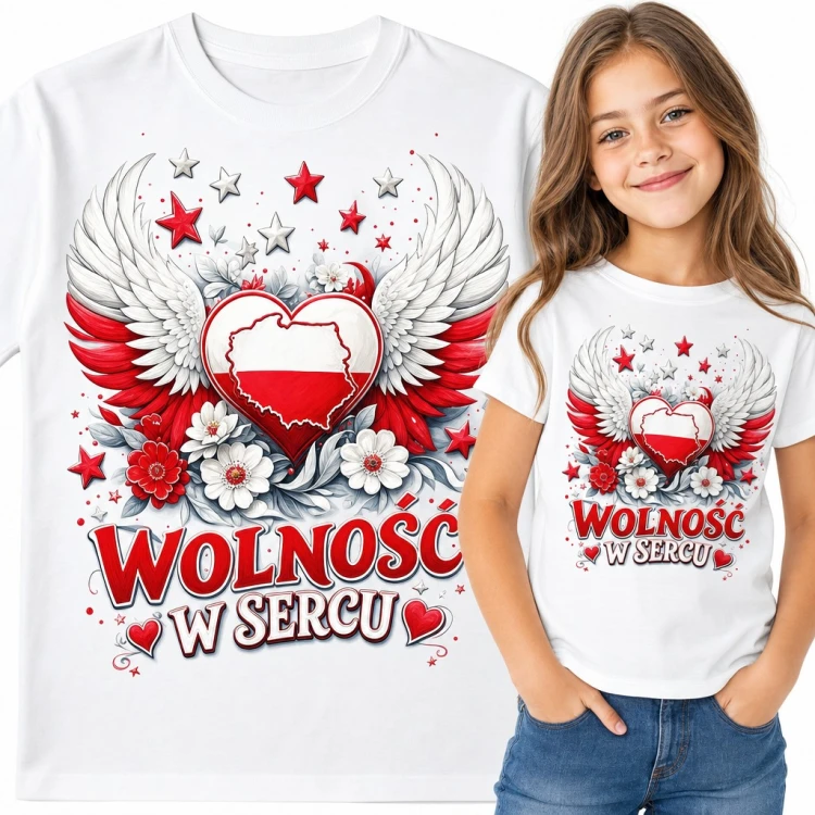Koszulka dziewczęca „Wolność w sercu” - patriotyczne serce z mapą Polski i skrzydłami