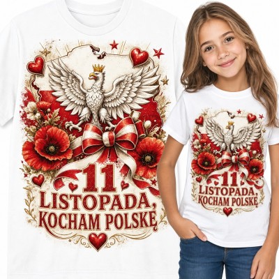 Koszulka dziewczęca „11 listopada, kocham Polskę” - biało-czerwona kokarda i kontur Polski