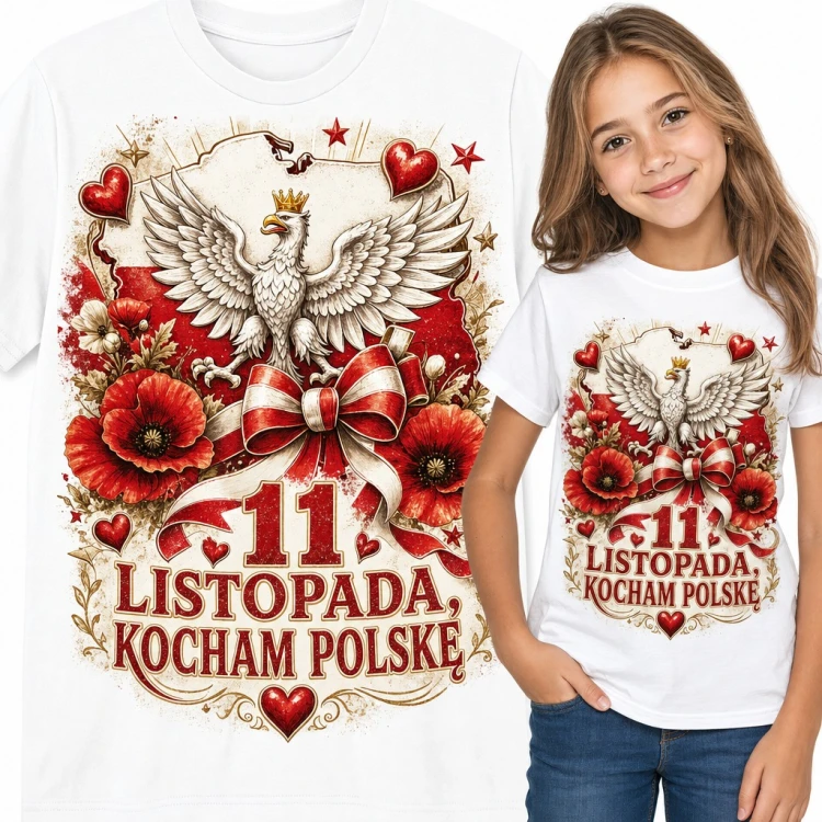 Koszulka dziewczęca „11 listopada, kocham Polskę” - biało-czerwona kokarda i kontur Polski