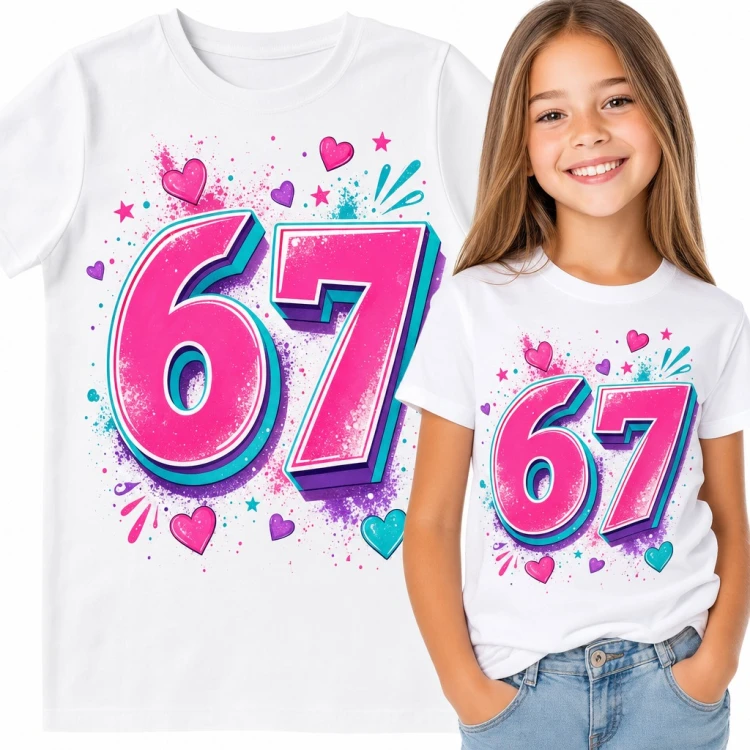 Koszulka dziewczęca „67” - mem Six Seven w różowym graffiti z serduszkami