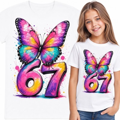 Koszulka dziewczęca „67” - mem Six Seven z kolorowym motylem
