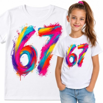 Koszulka dziewczęca „67” - tęczowe cyfry Six Seven malowane farbą