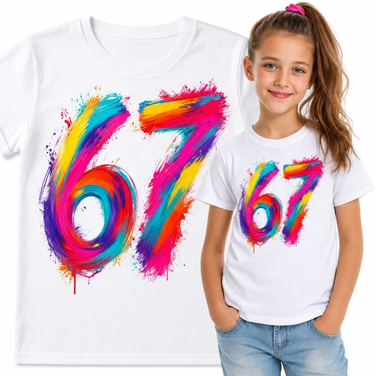 Koszulka dziewczęca „67” - tęczowe cyfry Six Seven malowane farbą