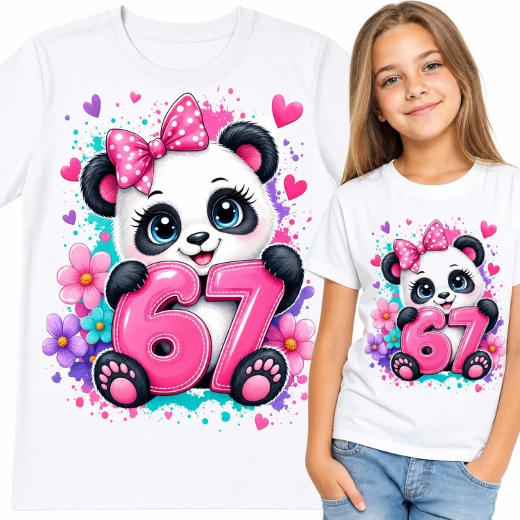 Koszulka dziewczęca „67” z pandą w różowej kokardzie