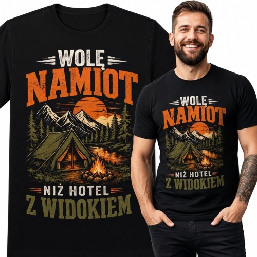 Koszulka męska dla biwakowicza „Wolę namiot niż hotel z widokiem” - namiot i ognisko w górach