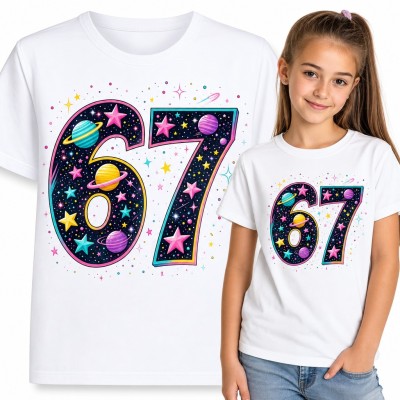 Koszulka dziewczęca „67” - mem Six Seven z planetami i gwiazdami