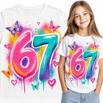 Koszulka dziewczęca „67” - mem Six Seven w stylu graffiti z motylami