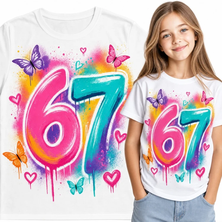 Koszulka dziewczęca „67” - mem Six Seven w stylu graffiti z motylami
