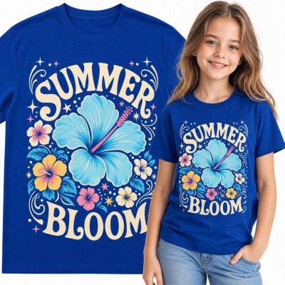 Koszulka dziewczęca z hibiskusem „Summer Bloom” - tropikalne kwiaty i gwiazdki