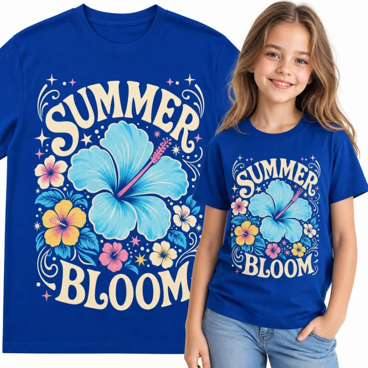 Koszulka dziewczęca z hibiskusem „Summer Bloom” - tropikalne kwiaty i gwiazdki