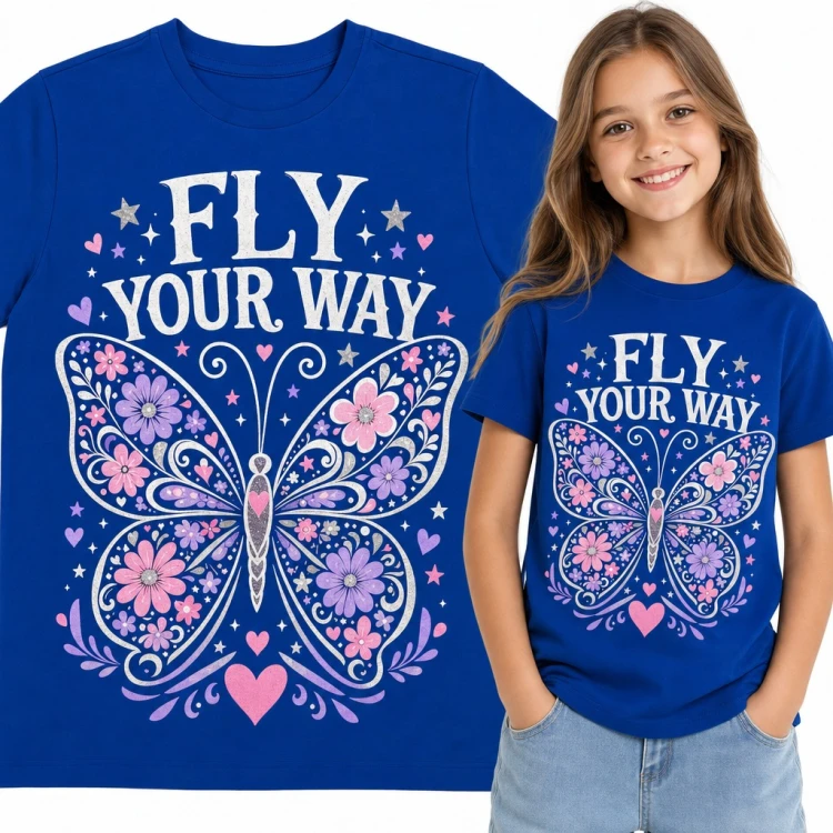Koszulka dziewczęca z motylem w kwiaty - napis „Fly your way” i serduszka