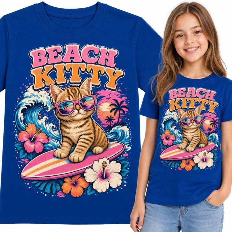 Koszulka dziewczęca „Beach Kitty” - kotek surfer w okularach na desce