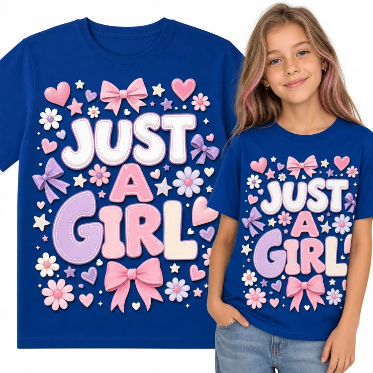 Koszulka dziewczęca „Just a Girl” - pastelowe kokardki i serduszka