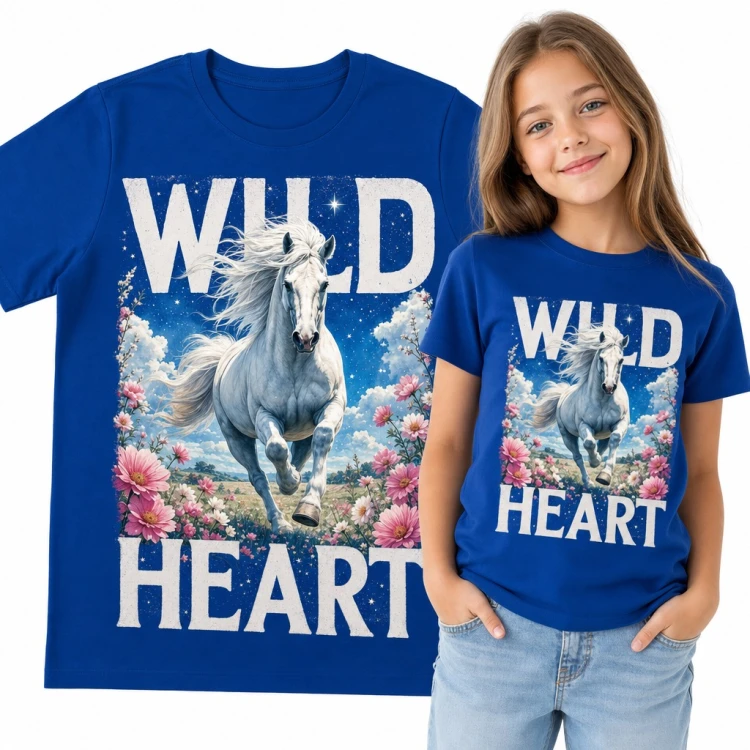 Koszulka dziewczęca z białym koniem w kwiatach „Wild Heart”