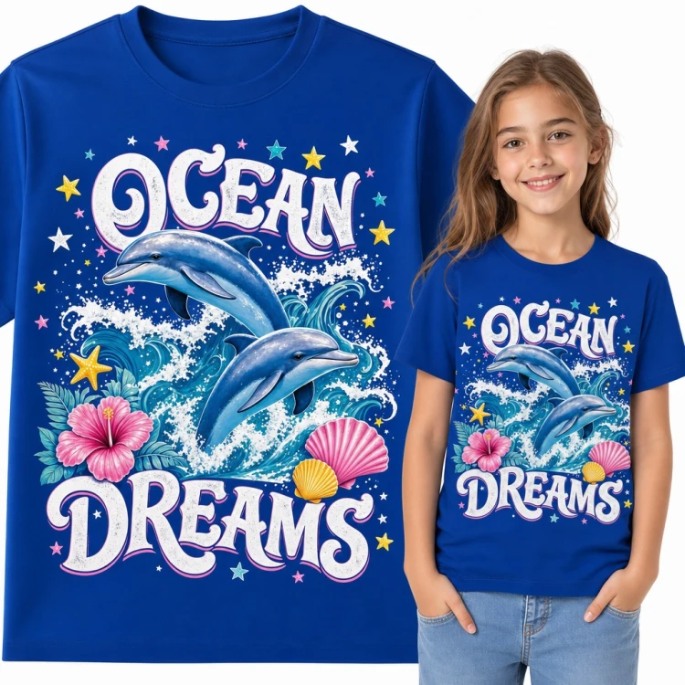 Koszulka dziewczęca z delfinami „Ocean Dreams” - fale, muszle i hibiskus