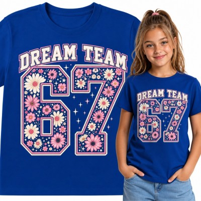 Koszulka dziewczęca „Dream Team 67” - mem Six Seven w kwiatowych stokrotkach