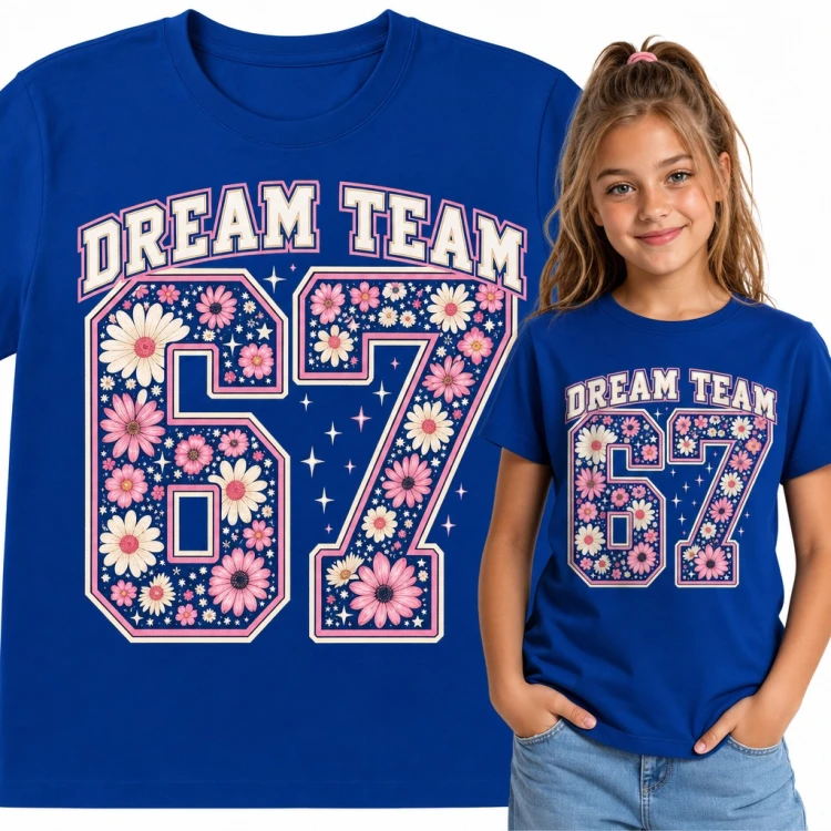 Koszulka dziewczęca „Dream Team 67” - mem Six Seven w kwiatowych stokrotkach