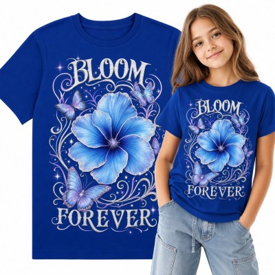 Koszulka dziewczęca „Bloom forever” - niebieski hibiskus z motylami