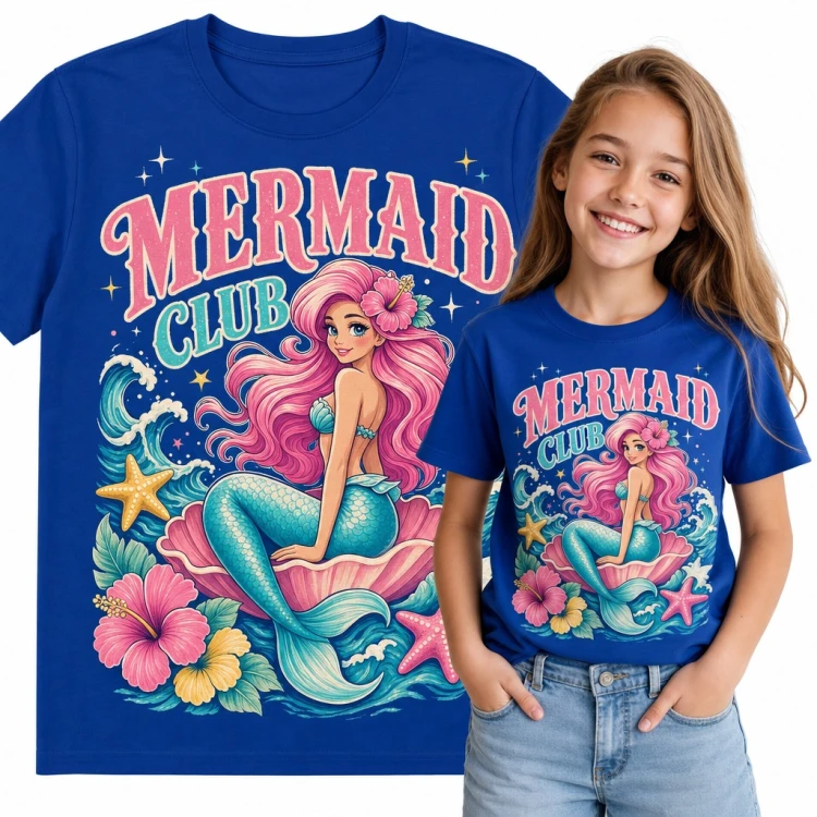 Koszulka dziewczęca „Mermaid Club” - syrenka na muszli wśród fal i hibiskusów