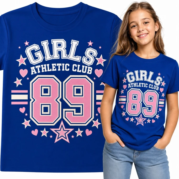 Koszulka dziewczęca „Girls Athletic Club 89” - varsity z gwiazdkami i serduszkami