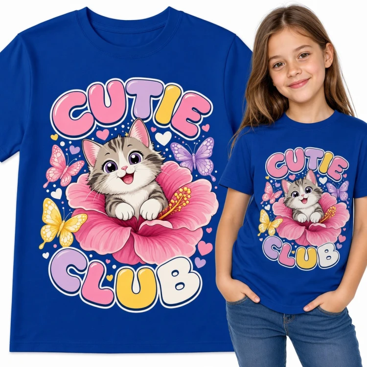Koszulka dziewczęca „Cutie Club” - kotek w kwiecie hibiskusa z motylami