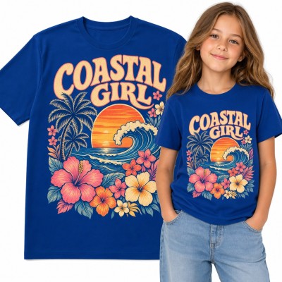 Koszulka dziewczęca „Coastal Girl” - fala, zachód słońca i hibiskusy