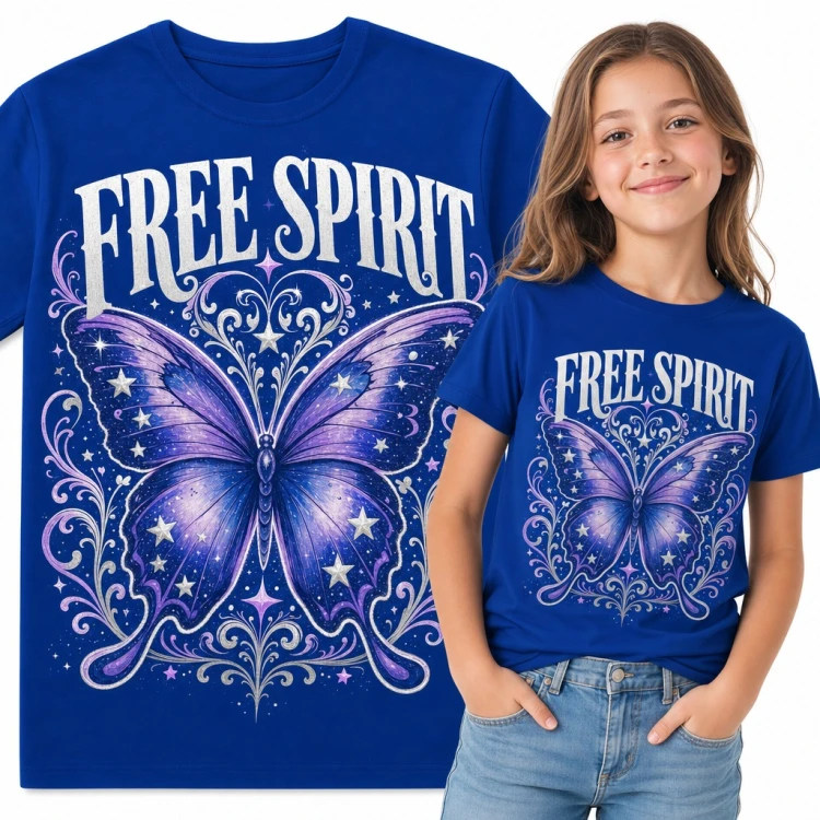 Koszulka dziewczęca z fioletowym motylem w gwiazdkach - „Free Spirit”