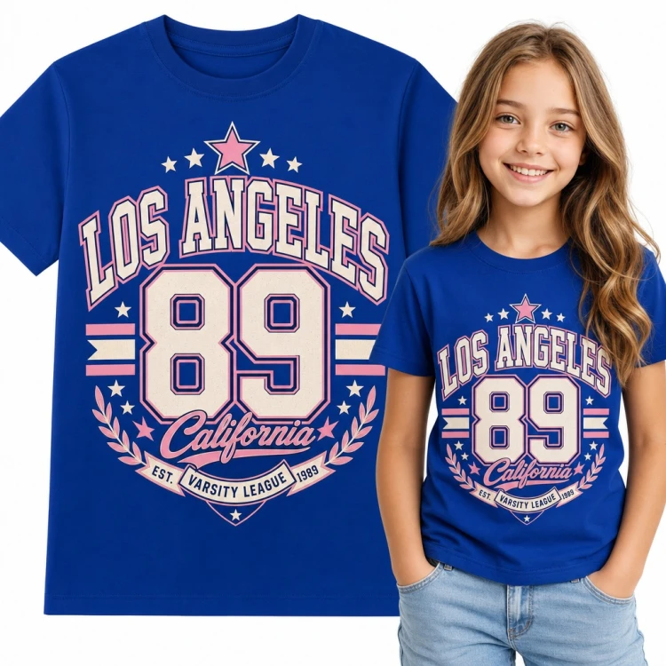 Koszulka dziewczęca „Los Angeles 89 California” - varsity w stylu college z gwiazdkami