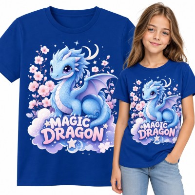 Koszulka dziewczęca ze smokiem „Magic Dragon” wśród kwiatów wiśni