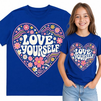 Koszulka dziewczęca „Love yourself” - kwiatowe serce w stylu groovy