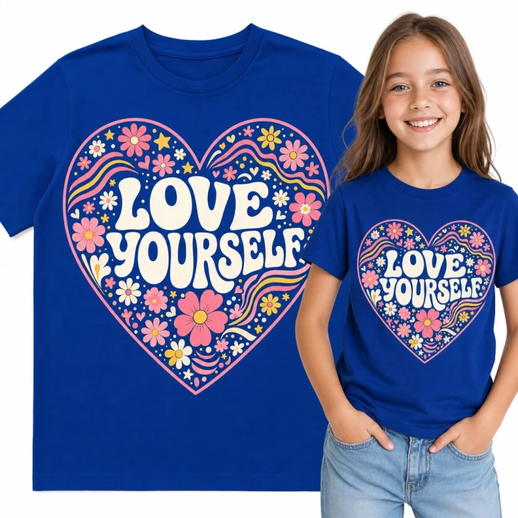 Koszulka dziewczęca „Love yourself” - kwiatowe serce w stylu groovy