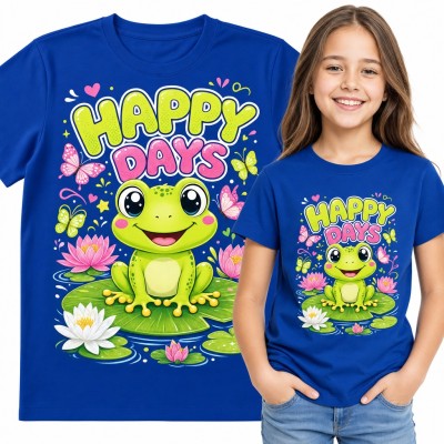 Koszulka dziewczęca z żabką na liściu lilii „Happy days” i motylami