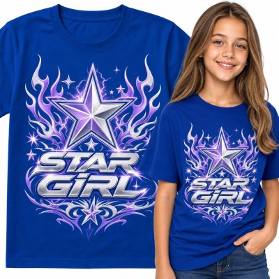 Koszulka dziewczęca „Star girl” - srebrna gwiazda w fioletowych płomieniach Y2K