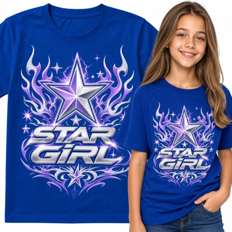 Koszulka dziewczęca „Star girl” - srebrna gwiazda w fioletowych płomieniach Y2K
