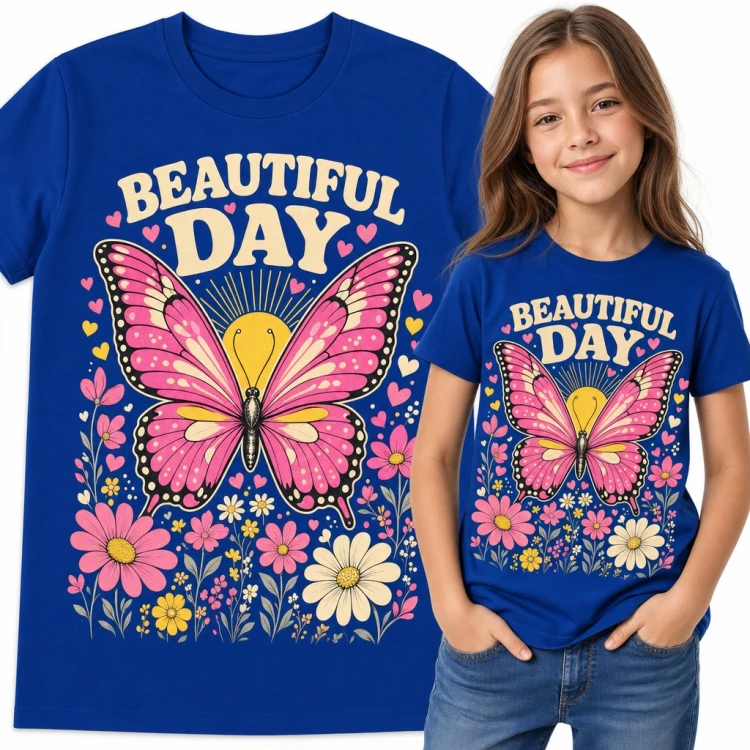 Koszulka dziewczęca „Beautiful day” - różowy motyl i słońce wśród kwiatów