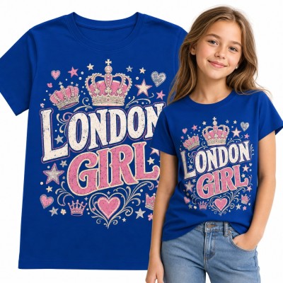 Koszulka dziewczęca „London Girl” z królewskimi koronami i sercami